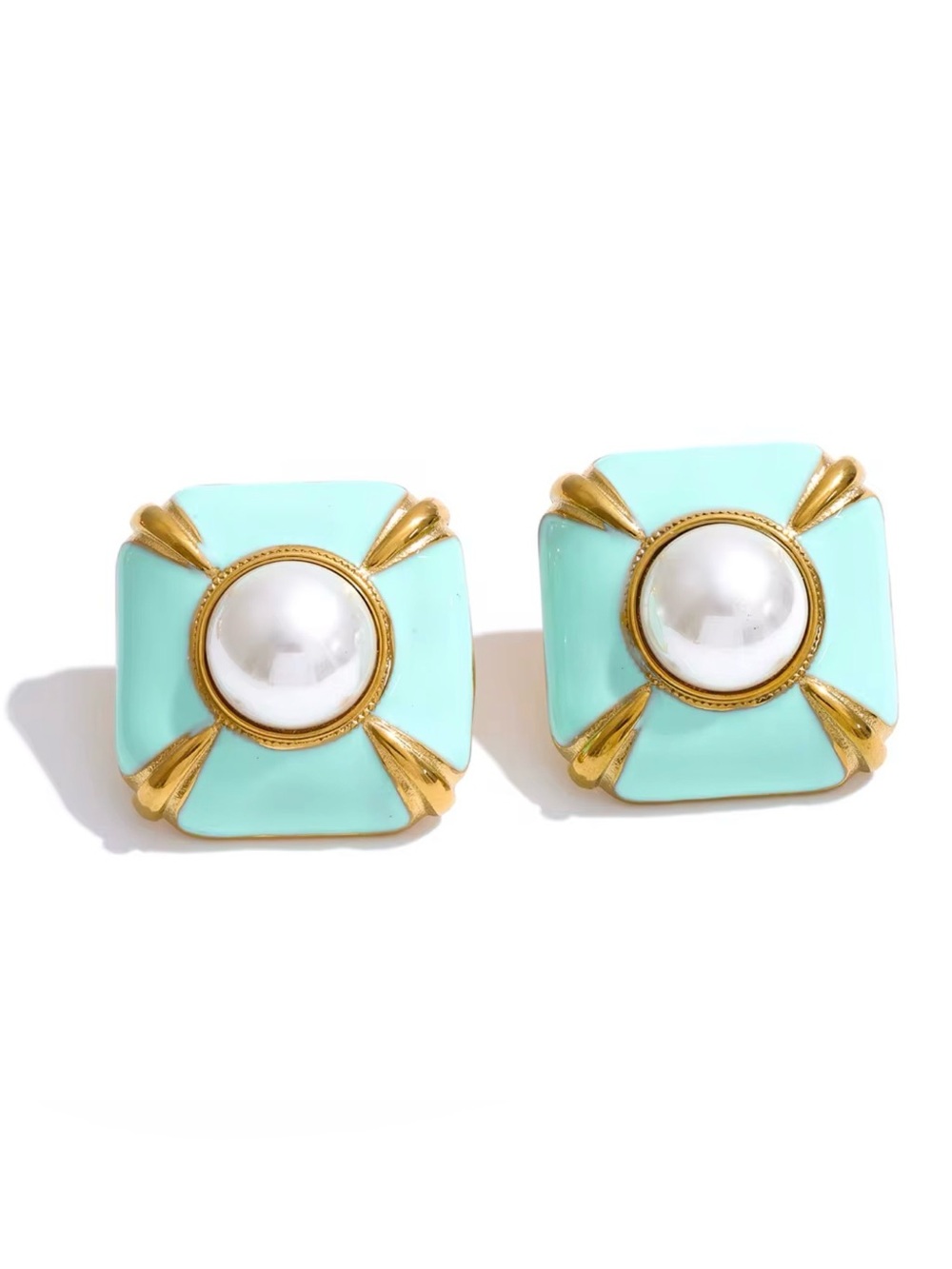 Gold & Mint Pearl Accent Square Clip-On Earrings - Women Jewelry